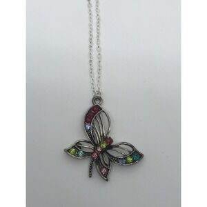 Beautiful Butterfly Pendant 1.5" Colorful Rhinestones Silver Tone 16"‎ Chain